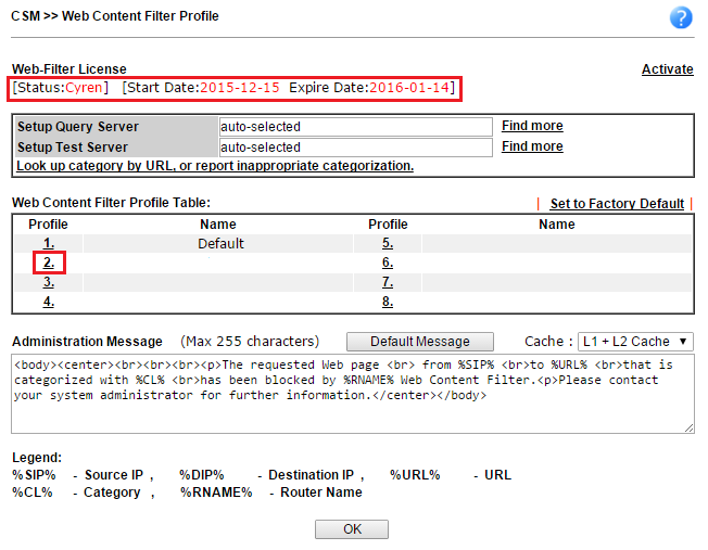 a screenshot of Web Content Filter profile list